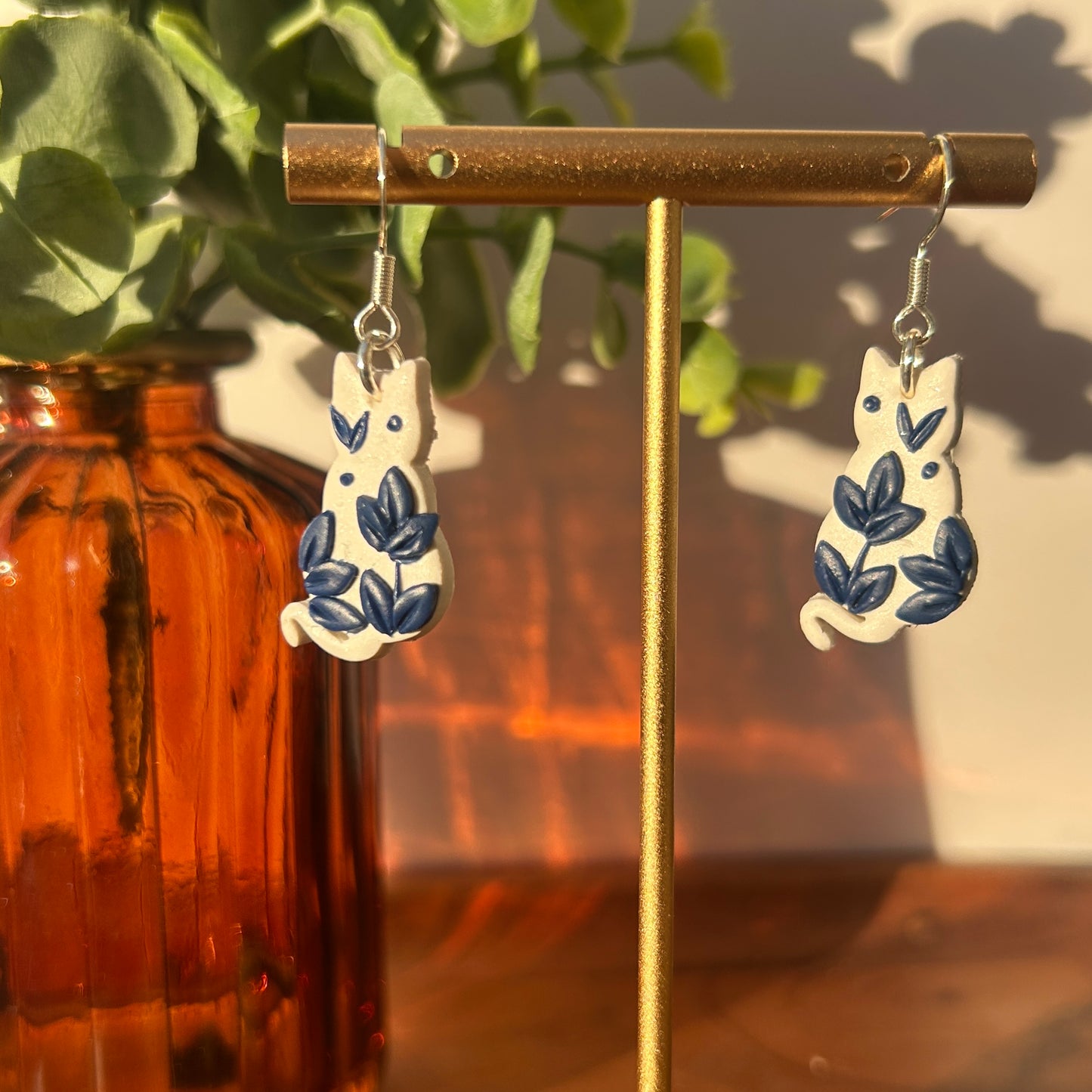 White & Blue Floral Cat Earrings