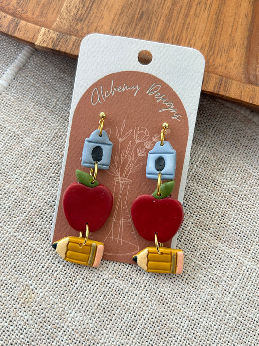 Crayon/ Apple/ Pencil School Dangle Earrings