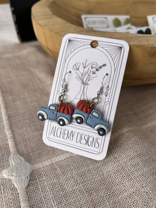 Pumpkin in Blue Truck Earrings
