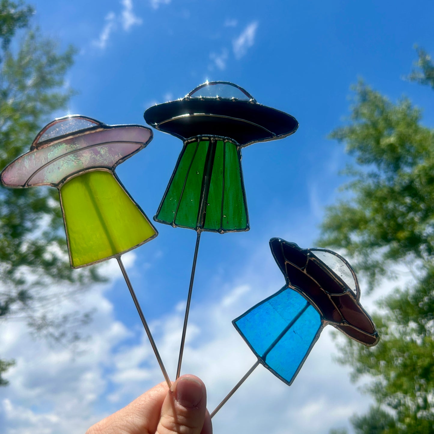 UFO Stained Glass Plant Stakes