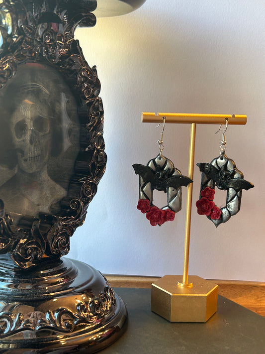 Gothic Rose and Bat Earrings