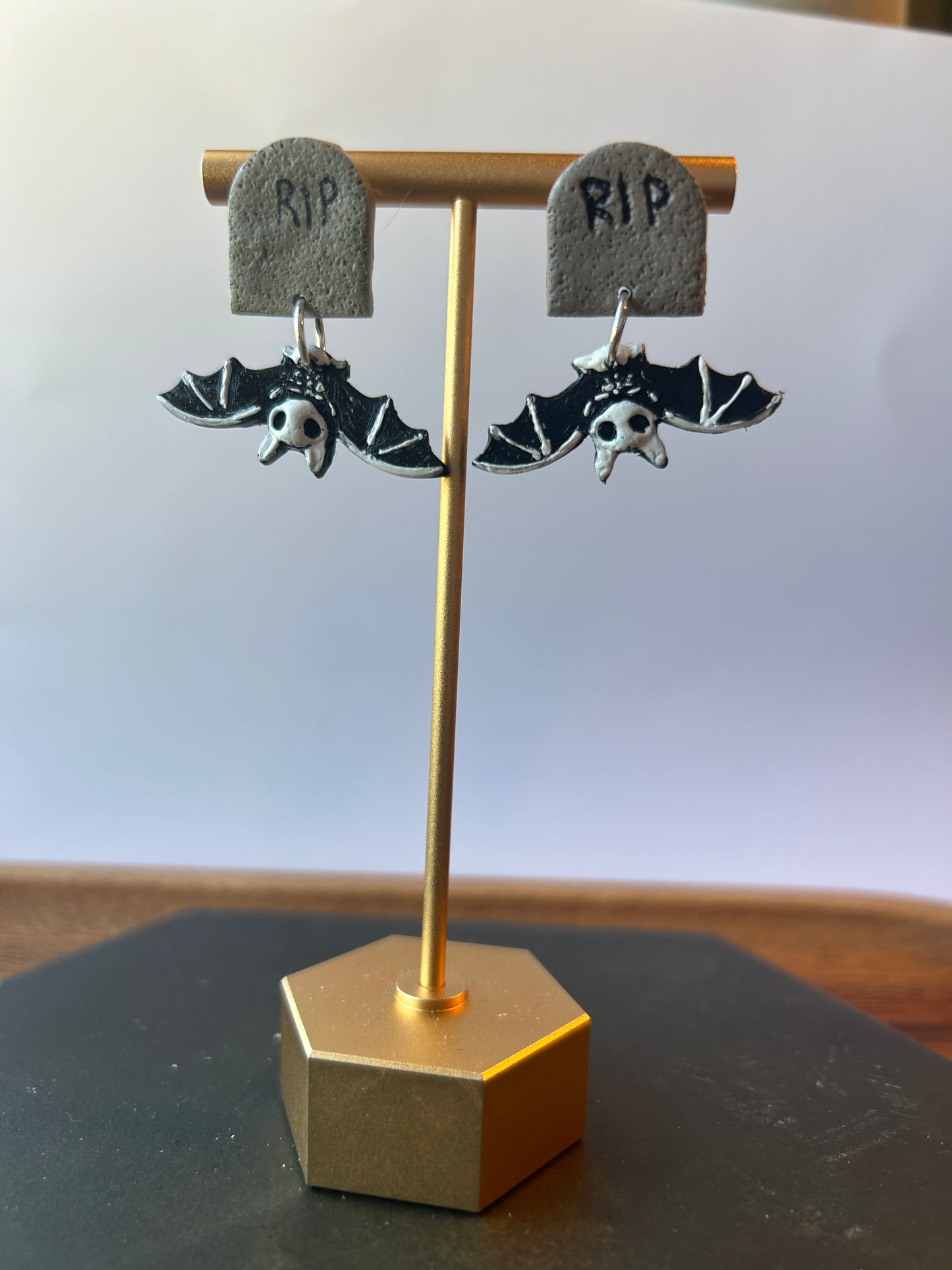 Tombstone and Bat Earrings